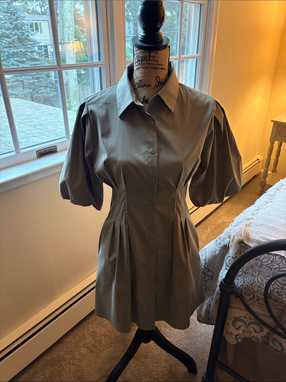bishop + young Olive Green Puff-Sleeve Button-Front Shirt